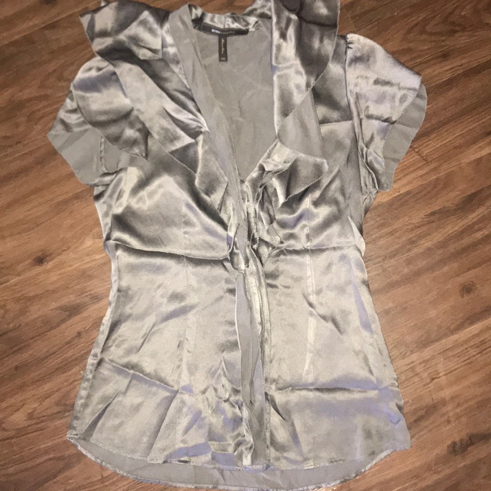 BCBG- Gray silk fitted work blouse XXS